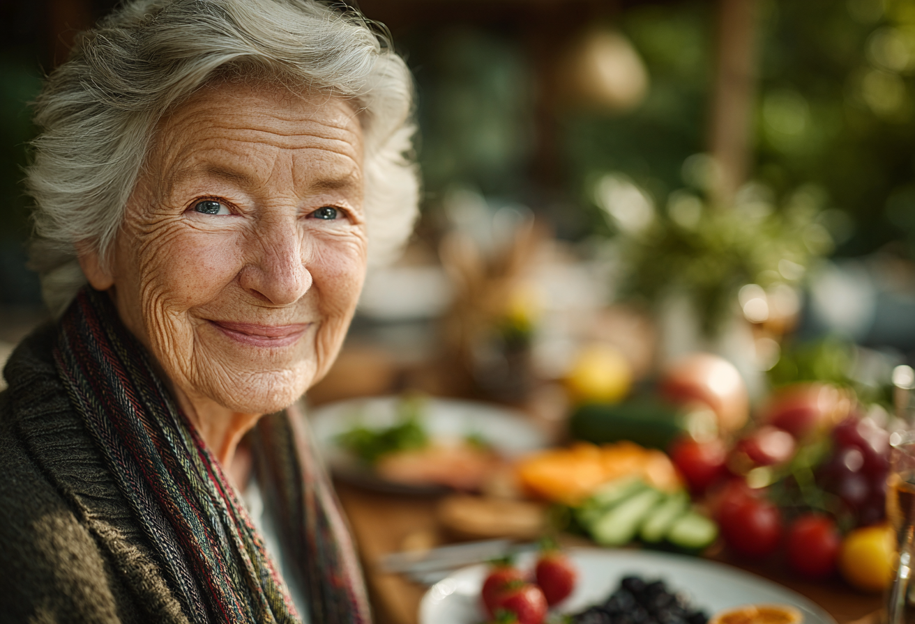 Seniori bucurandu-se de o masa sanatoasa